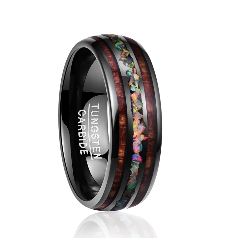 NUNCAD ACACIA WOOD OPAL TUNGSTEN CARBIDE MEN'S WEDDING BAND