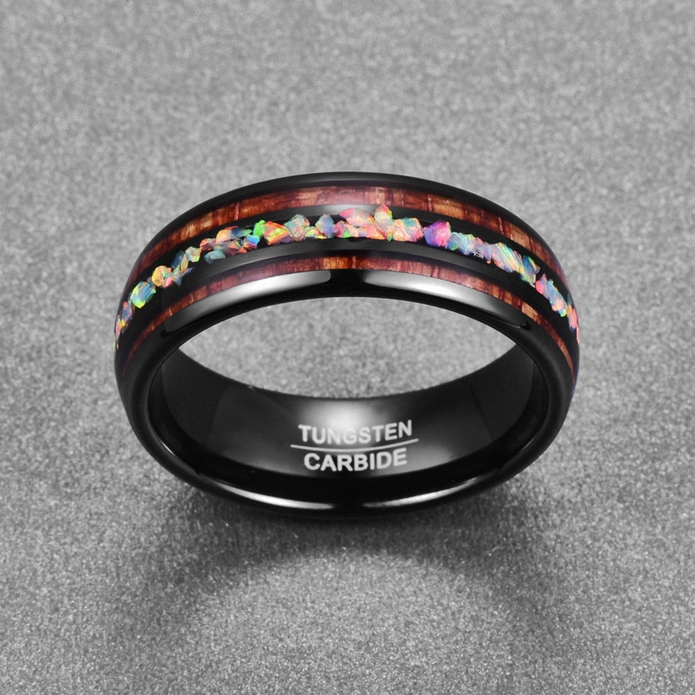 NUNCAD ACACIA WOOD OPAL TUNGSTEN CARBIDE MEN'S WEDDING BAND