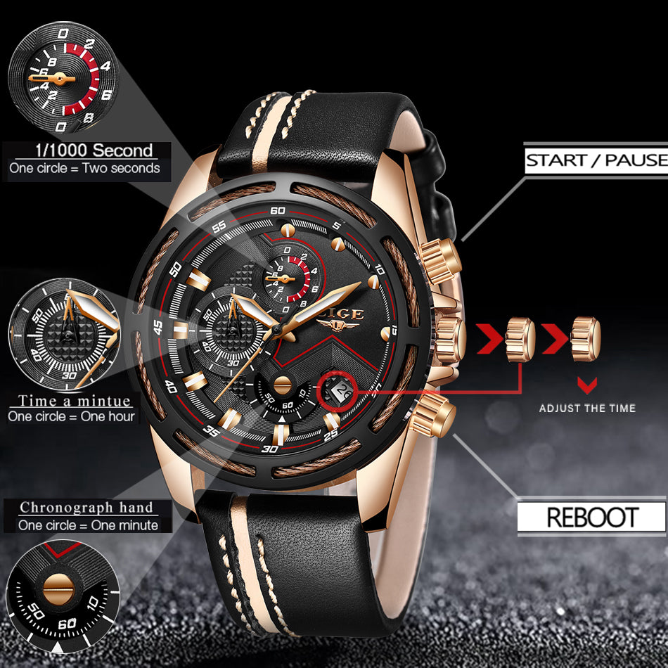 LIGE LUXURY GOLD MENS BUSINESS WATCHES