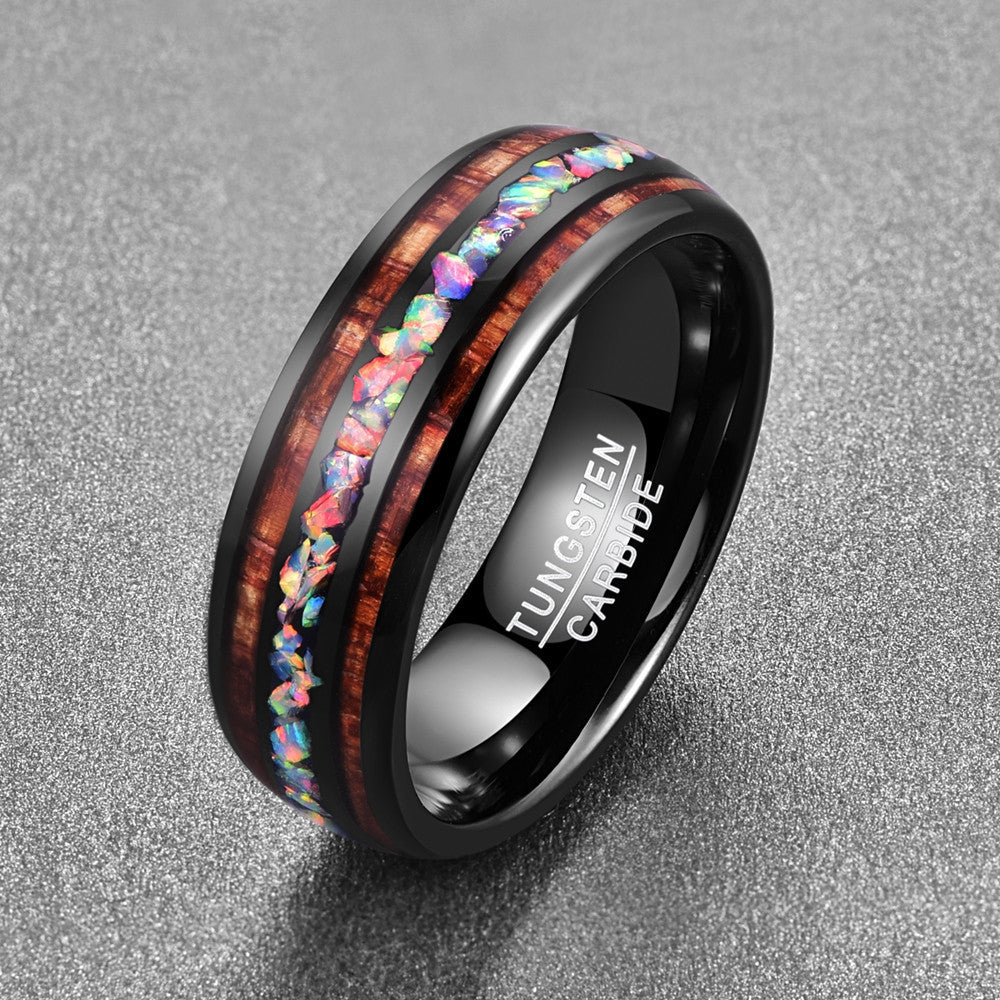 NUNCAD ACACIA WOOD OPAL TUNGSTEN CARBIDE MEN'S WEDDING BAND