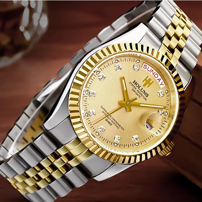 NEW HOLUNS GOLD & DIAMOND CLOCK WATCH MEN