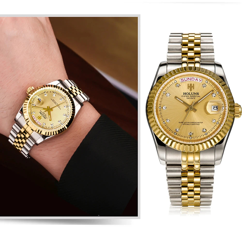 NEW HOLUNS GOLD & DIAMOND CLOCK WATCH MEN